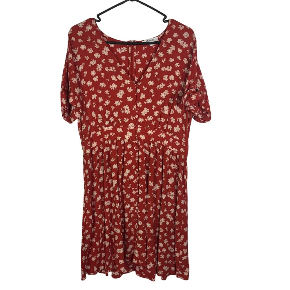 Madewell Button-Front Tie-Sleeve Retro Dress Happy Hibiscus Red Size 12